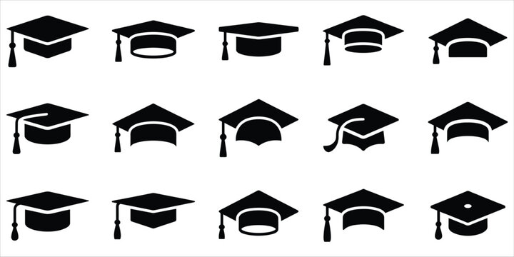 Collection of Graduation Caps Icons in Various Styles and Poses Keywords: graduation cap, mortarboard, academic cap, graduation