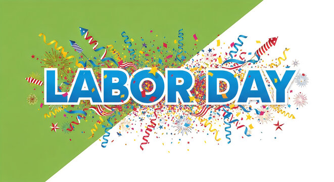 Labor Day celebration with colorful fireworks and confetti on a split green and white background