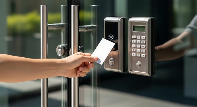 Close-up of a person using a smartphone to unlock a modern security access control system