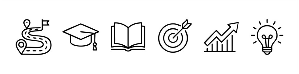 A set of six minimalist business and education icons featuring a roadmap, graduation cap, book, target, growth graph, and light bulb, representing progress, success, and innovation in line art style. © temastadnyk