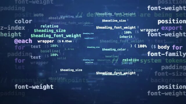 Software development code lines running on a computer screen technology background loop