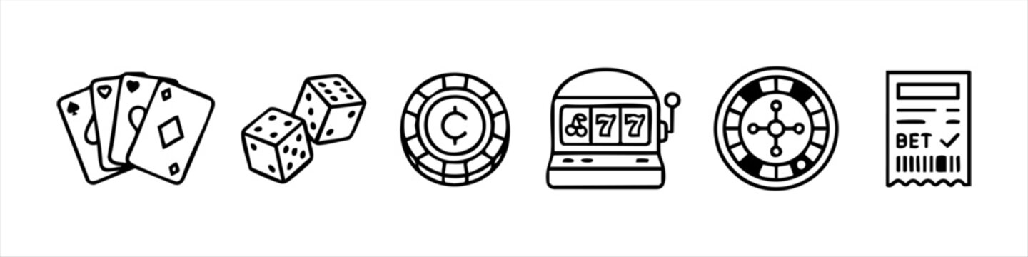Hand-drawn casino and gambling vector icons including playing cards, dice, poker chips, slot machine, roulette wheel, and betting slip. Minimalist black line art for gaming and betting designs.
