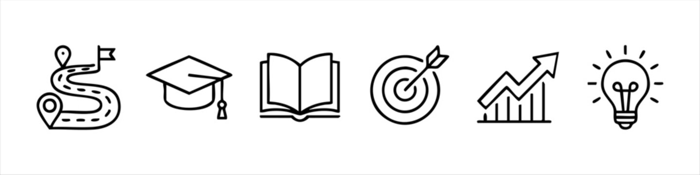 A set of six minimalist business and education icons featuring a roadmap, graduation cap, book, target, growth graph, and light bulb, representing progress, success, and innovation in line art style.