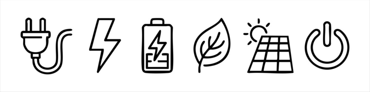 Set of hand-drawn energy and ecology icons including electric plug, lightning bolt, battery, leaf, solar panel, and power button. Minimalist black outline doodle style for green tech concepts.