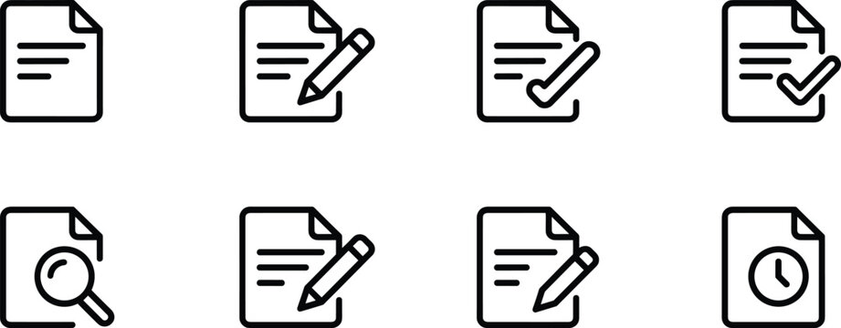 Document Icons with Pencil Checkmark Magnifying Glass and Clock Keywords: document icon, paper icon, file icon, report icon