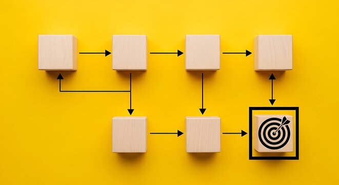 Diagram of interconnected wooden blocks on yellow background with flow arrows