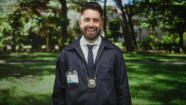 Man wearing police badge and visible id card with tie and jacket, smiling and facing camera while standing on grass among trees in a sunlit forest; duty commitment.