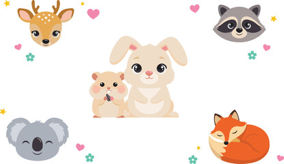 Obraz premium Cute Cartoon Woodland Animal Sticker Set Featuring Sweet Bunny Hamster Sleeping Fox Deer Raccoon and Koala Bear Faces for Baby Nursery Graphic Designs