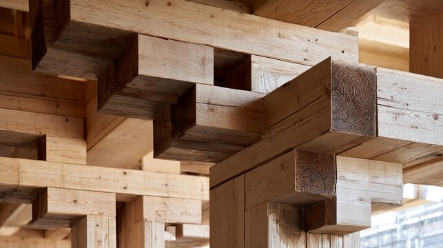 Detailed close-up showcasing the intricate wooden structure of a modern building, highlighting sustainable architecture and natural materials