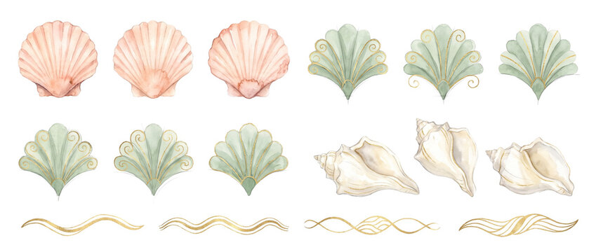 Watercolor seashell clipart set gold ocean elements with art deco style scallop shell mint green conch sea shell gold line wave border illustrations isolated on black background for elegant designs.