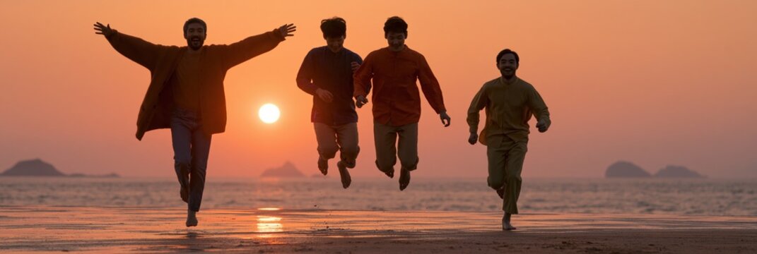 Silhouetted friends running on the beach at sunset with sun reflection for summer travel banner and energetic background