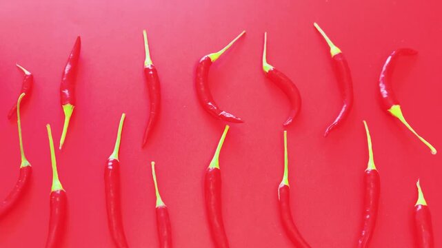 Red hot chili peppers pattern flat lay on red background