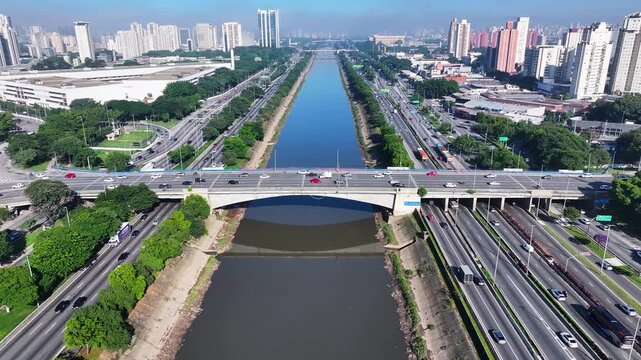 Marginal Tiete Road In Sao Paulo Brazil. Aerial View Of A Bustling Downtown Cityscape With Modern Buildings. Landmark Town. District Skyline. Sao Paulo Brazil.