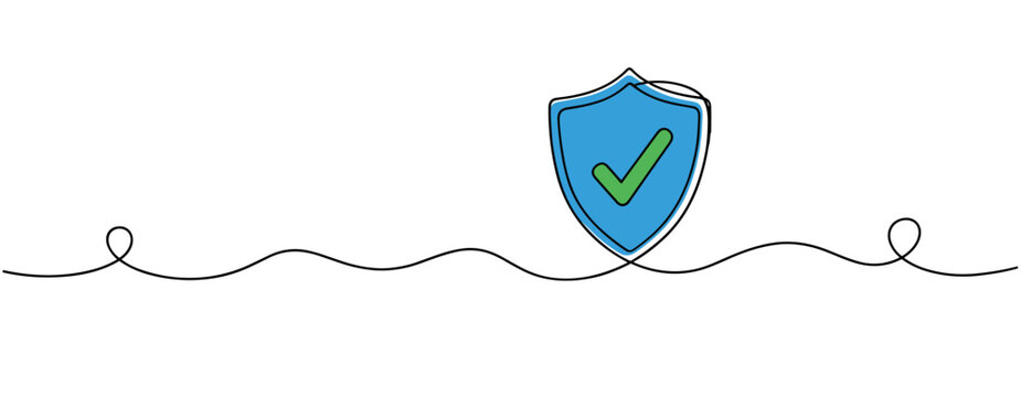 Shield with green check mark resting on wavy line background. no editable strokes