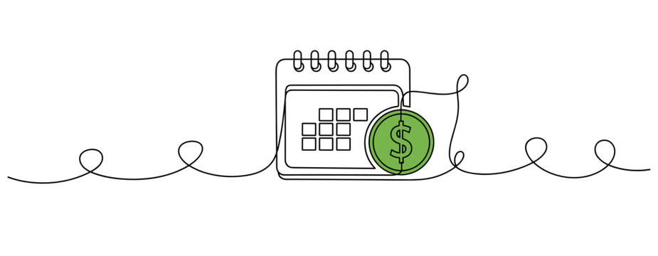 Calendar marked with coin representing payment schedule. no editable strokes
