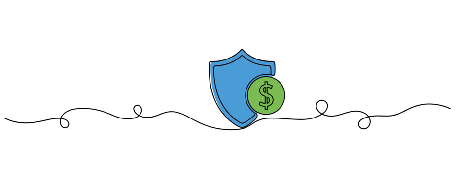 Shield protecting money coin on continuous line white background. no editable strokes