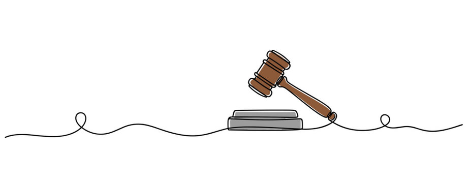 Gavel striking block on courtroom bench with line drawing. no editable strokes