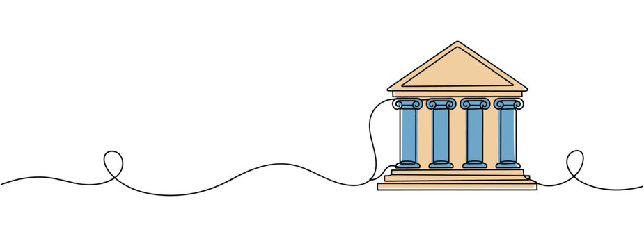 Classical bank building connected by continuous line on white. no editable strokes