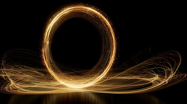 Golden light trails forming a circular shape against a dark background, creating a magical and ethereal abstract art composition