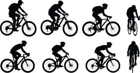 Silhouettes of Cyclists in Various Poses and Styles on WhiteBackground illustration bike © MstSarifa