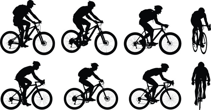 Silhouettes of Cyclists in Various Poses and Styles on WhiteBackground illustration bike
