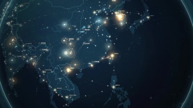 Digital planet earth rotating at night with city lights over Asia technology background loop