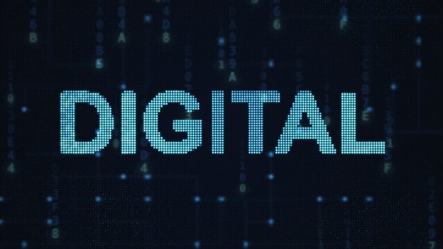 DIGITAL word text on blue LED dot matrix digital display technology background
