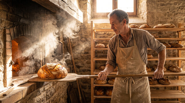Baker pulls a perfectly scored sourdough boule from a brick oven with a wooden peel. Steam billows. Golden caramelized crust. Flour dust in shafts of light. Traditional artisan bakery passion.