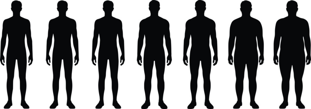 Silhouettes of men showing different body types and weights on white background human figure male
