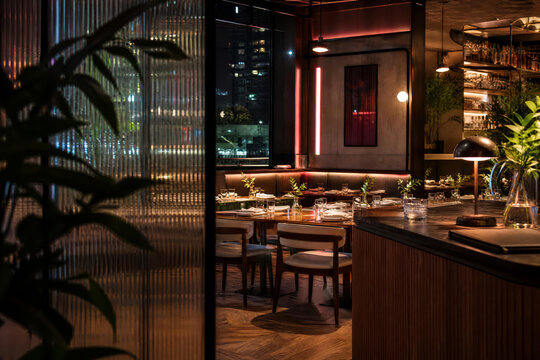 Dawn Window Corner With Layered Restaurant Depth And Contemporary Cafe Dining