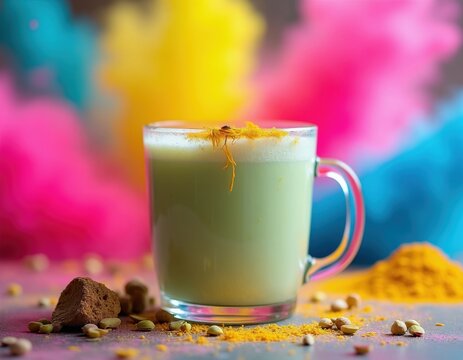 Green bhang thandai drink in glass mug for Holi festivity. Traditional Indian beverage served with nuts spices amidst colorful powder. Celebratory mood, sweet refreshment, party.
