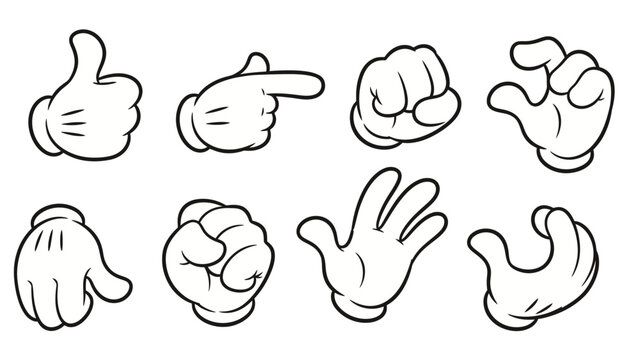 Expressive Cartoon Hand Gestures Collection Including Thumbs Up and Pointing on Isolated White Background
