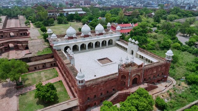 Aerial shot of Red fort in Agra, Uttar Pradesh, India