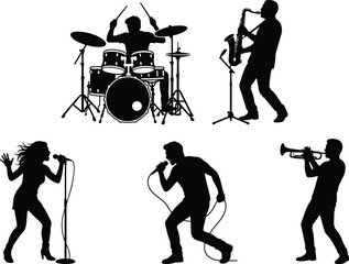 Musician Performance Silhouette Set with Singer Drummer Saxophonist and Trumpet Player Vector Collection © Hello World