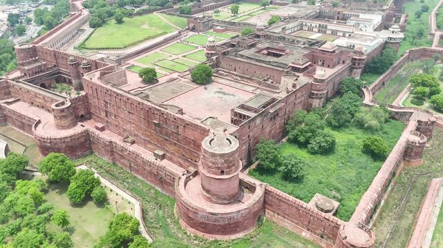 Aerial shot of Red fort in Agra, Uttar Pradesh, India
