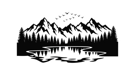 Fototapeta premium Mountain Range With Forest And Birds Black Silhouette