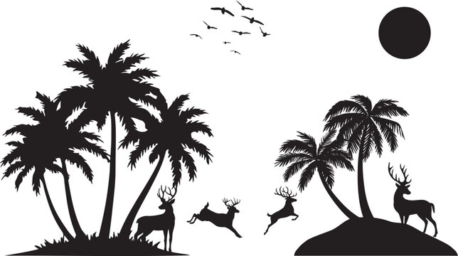 Black Silhouette of Deer and Palm Trees A high contrast black silhouette illustration featuring deer and palm trees against a white background with a full moon.