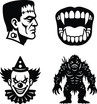 Black Silhouette Horror Icons Featuring Frankenstein, Vampire Fangs, Evil Clown and Monster Creature