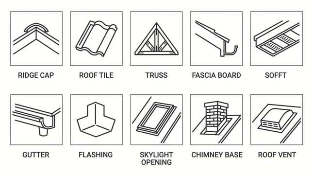 Basic Roof Construction Elements and Parts Outline Icons Set on Isolated White Background