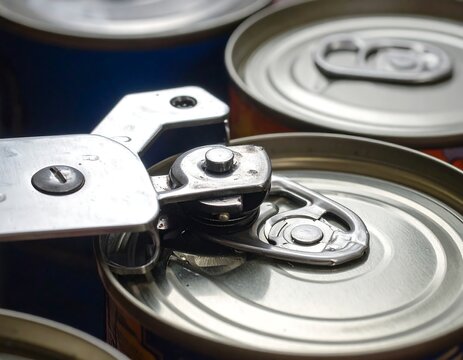 Close-up of metallic cans, one being opened with a metal can opener. Other cans are partially visible in the background
