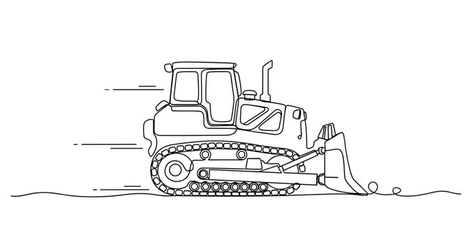 Line art illustration of bulldozer side view with motion lines. Non editable stroke