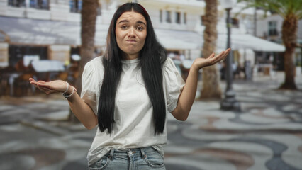 Woman shrugging with palms raised in white t shirt and jeans on a street plaza near an outdoor cafe, hesitant facial expression  uncertainty. © Krakenimages.com