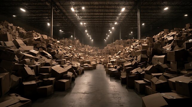 Massive warehouse interior filled with chaotic piles of cardboard boxes