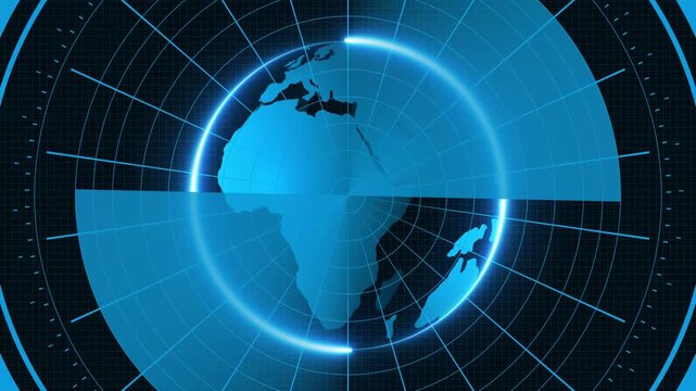 Green radar screen with scanning beam and circular grid - overlay animation for video compositing . radio waves signal alert .warning of headcoyater. 4K motion video.