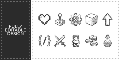 Modern gaming and console accessories hand drawn icons featuring game controllers heart energy and tech symbols for online gaming community branding © Ashik  Khan