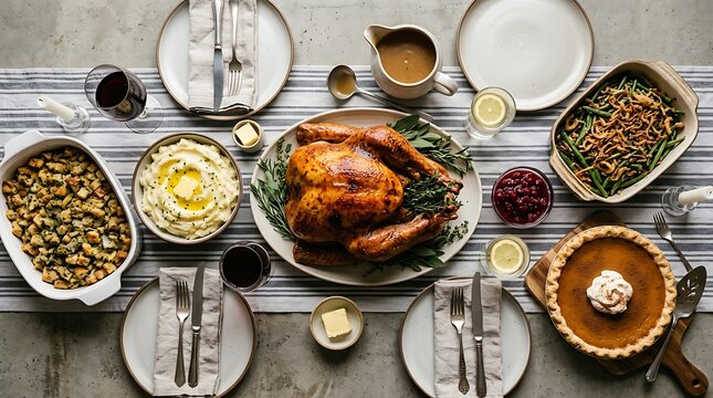 Traditional thanksgiving dinner spread with roasted turkey and classic side dishes