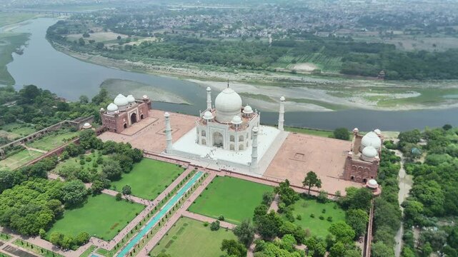 Aerial shot of Taj Mahal in Agra, Uttar Pradesh, India