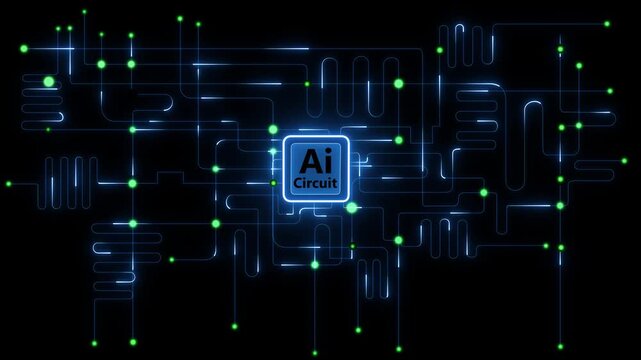 Futuristic glowing neon circuit board background with artificial intelligence theme, digital technology network, abstract high-tech schematic design, blue light lines and luminous connection point 4k