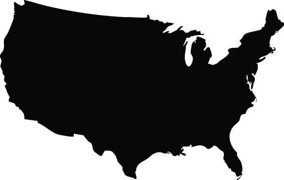 Solid black silhouette map of the united states of america, isolated