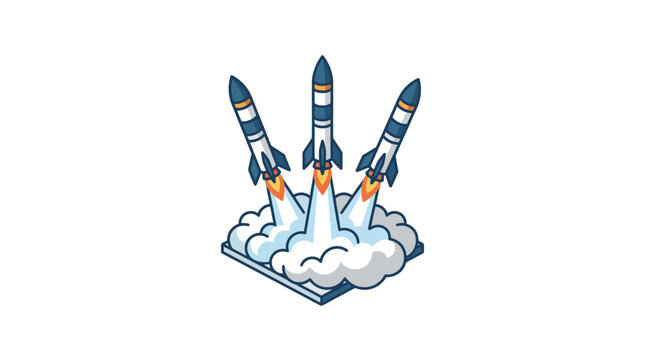 Rockets launching from a book into the sky with clouds and flames